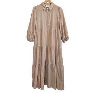 Pomander Place Sandstone Cotton Mabel Maxi Dress Cream Tiered Puff Sleeve Large